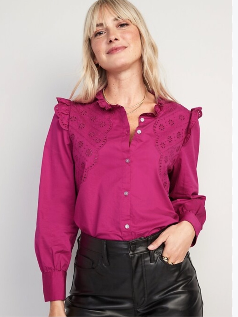 Old Navy Fuchsia Eyelet Ruffle Button-Down Shirt Western Boho Cotton